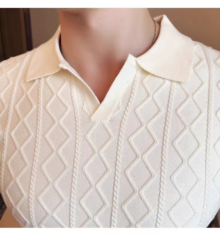 Men's Clothing Plus Size Men's Shirt Style Short Sleeved V Neck Business Collar Cable Knit T-Shirt For Formal & Casual_voghion.com