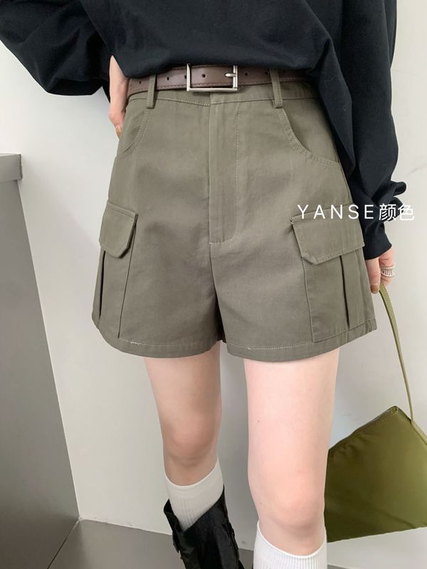 休闲工装短裤水洗棉复古女2025年秋季高腰小个子宽松A字休闲裤女|undefined