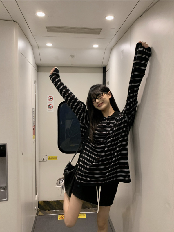 专属条纹撞色polo领长袖上衣女夏季新款韩系气质设计感百搭防晒衫|undefined