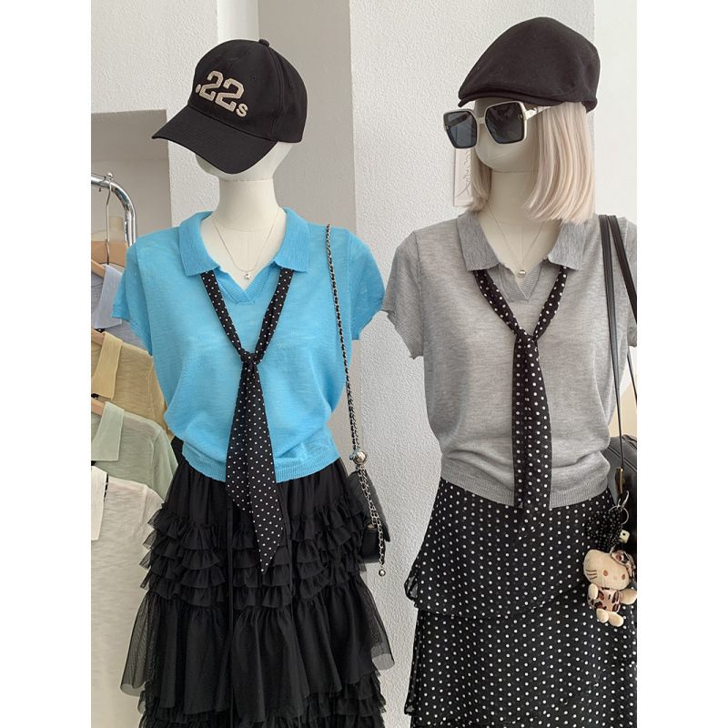 Ys Old Money Style Solid Color Versatile Polo Tie Polka Dot Silk Scarf Short-Sleeve Knit Top for Women, Summer Thin Loose Blouse Ys Old Money Style Solid Color Versatile Polo Tie Polka Dot Silk Scarf Short-Sleeve Knit Top for Women, Summer Thin Loose Blouse