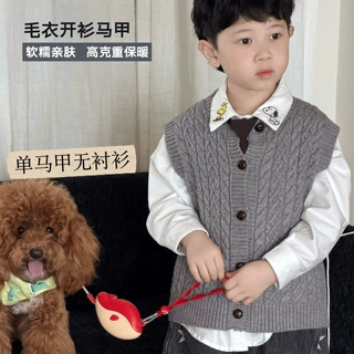 男童春秋冬三季款针织毛衣中小童氛围感保暖马甲休闲开口毛线衣潮