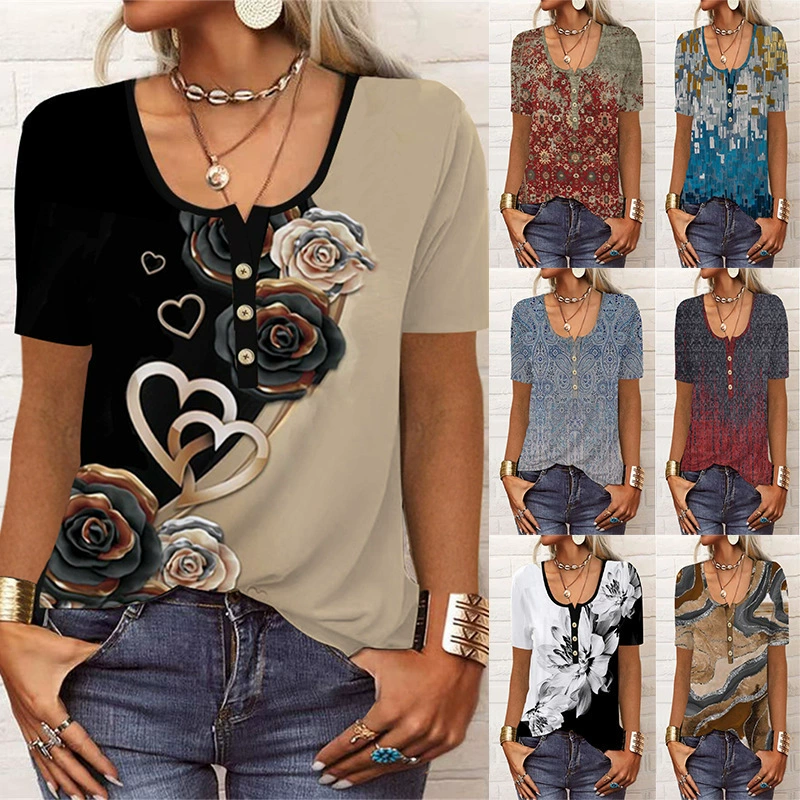 Amazon Independent Station Uwish2024 летние свободные короткие рукава геометрический узор U-образный вырез футболка модная женская одежда