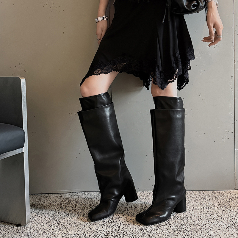 Stylish European design! Women's sheepskin riding boots with square toe, high-tube long boots for autumn and winter, genuine leather, chunky heel, knee-high straight boots Stylish European design! Women's sheepskin riding boots with square toe, high-tube long boots for autumn and winter, genuine leather, chunky heel, knee-high straight boots