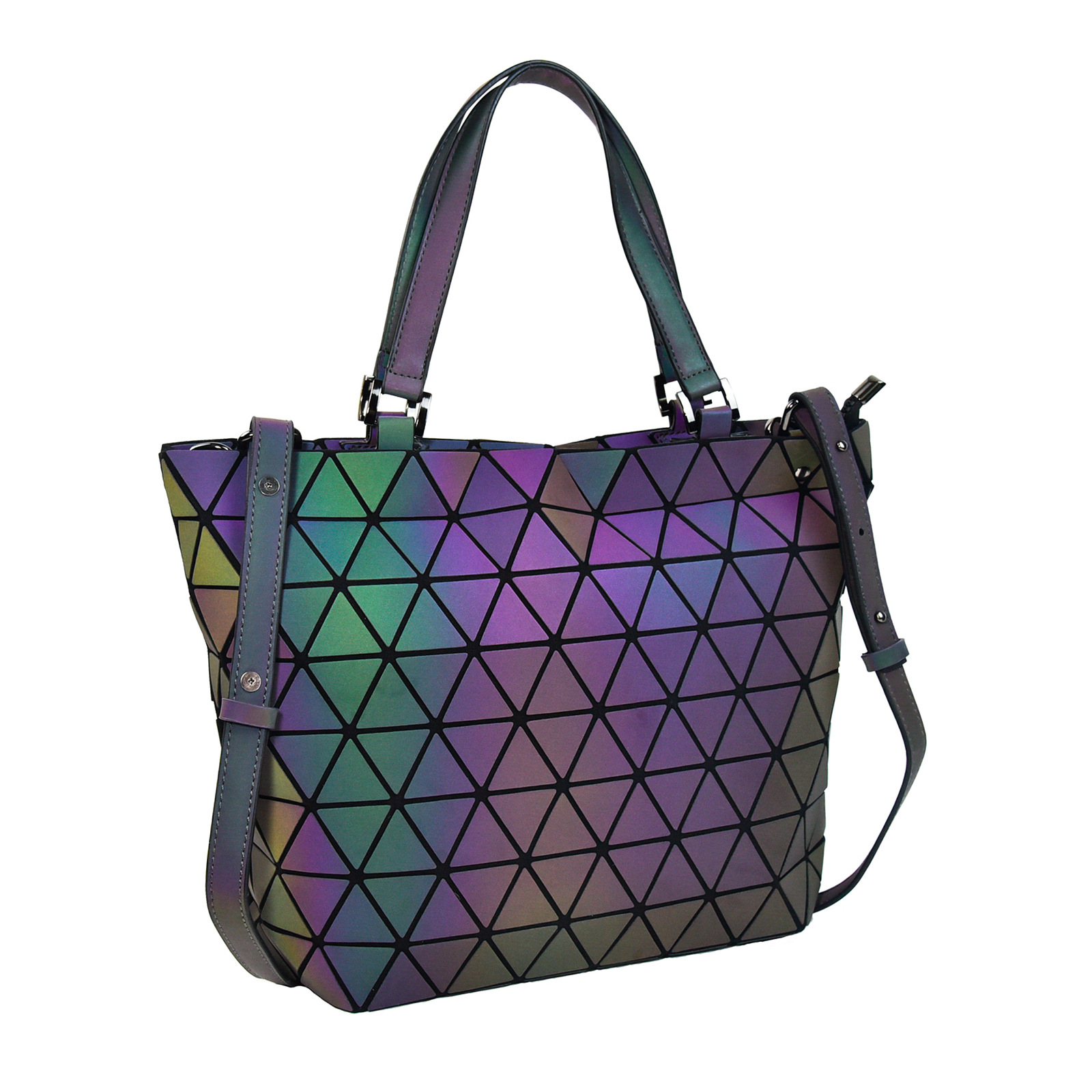 Borsa a secchiello con griglia diamantata pieghevole versatile alla moda da donna con spalla singola nuova geometria Night Glow 2024_voghion.com