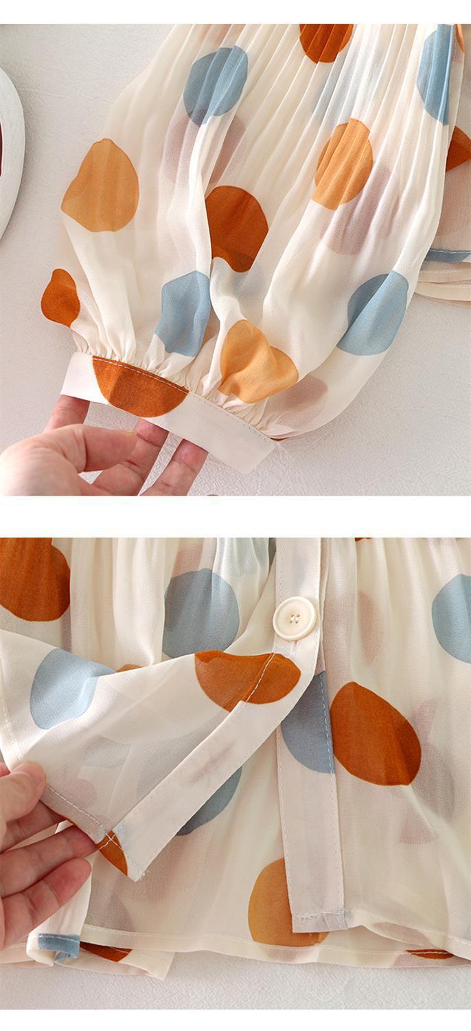 K New Ultra-fairy V-neck Pleated Polka Dot Sun Protection Blouse For Women With Puffy Sleeves_ecoleips.com