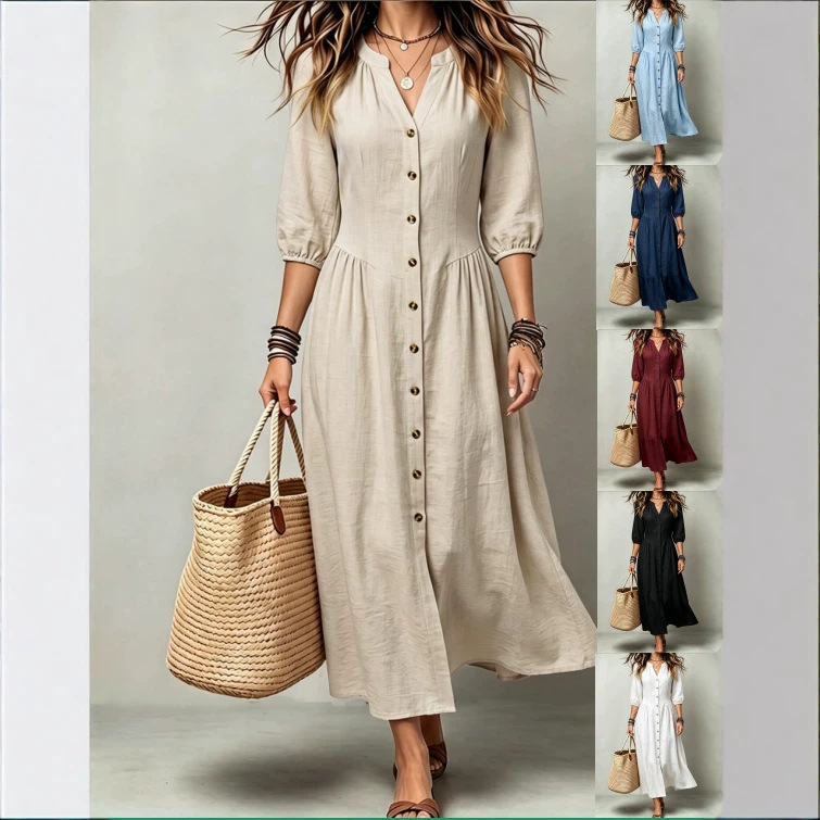 Solid Color Cotton-Linen Dress with Stand Collar, V-Neck, Single-Breasted, Three-Quarter Lantern Sleeves, Cinched Waist, and Large Hem for Casual Vacation Wear Solid Color Cotton-Linen Dress with Stand Collar, V-Neck, Single-Breasted, Three-Quarter Lantern Sleeves, Cinched Waist, and Large Hem for Casual Vacation Wear