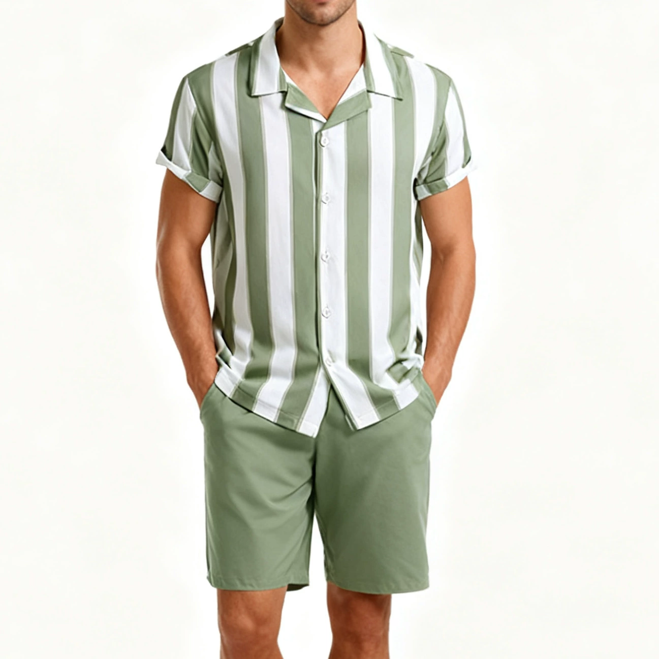 Летний мужской пляжный костюм 2025 года: рубашка с коротким рукавом в полоску и шорты на завязках (экспорт за рубеж)