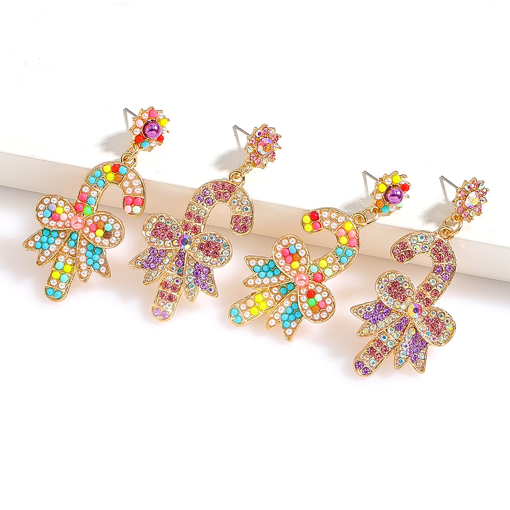 New Christmas Full Diamond Christmas Scepter Rhinestone Bow Earrings display picture 5