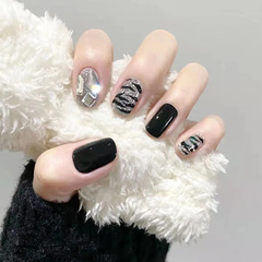 雅婕娜-黑銀閃鑽穿戴甲假指甲成品指甲貼美甲貼片短款指甲貼