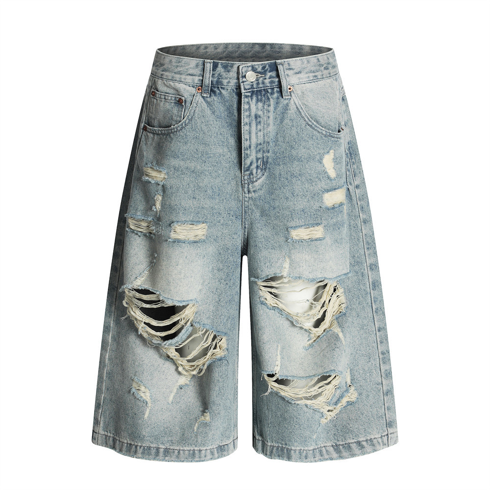 American Punk Ripped Denim Cropped Pants Summer Men's Washed Distressed Scratched Loose Wide-Leg Cropped Shorts Trendy