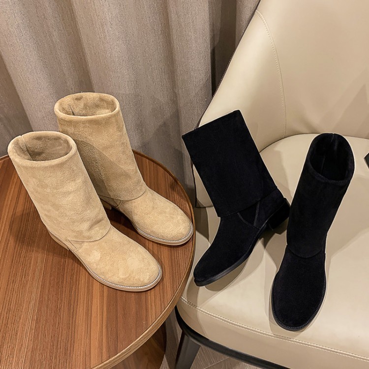 西部のカウボーイブーツの長靴の女性の平底の春と秋の杏色の本革のしわの山の靴の復古の高筒の騎士の靴|undefined