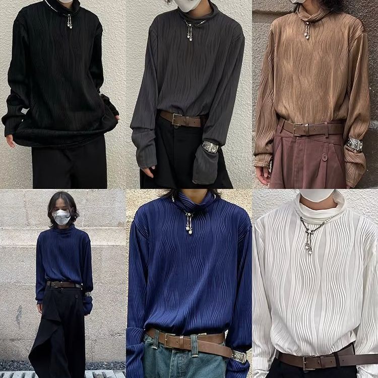 가을 캐주얼 루즈한 한국식 웨이브 패턴 드레이프 심플 보텀 셔츠 남성용 플리츠 하이넥 긴팔 티셔츠