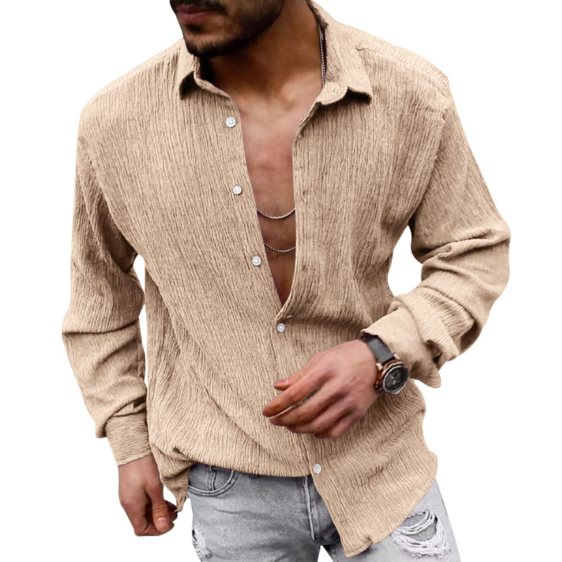 2023 Amazon camisa de manga larga de los hombres de primavera y otoño suelta más tamaño de la burbuja de tela de color sólido solapa camisa casual hombres