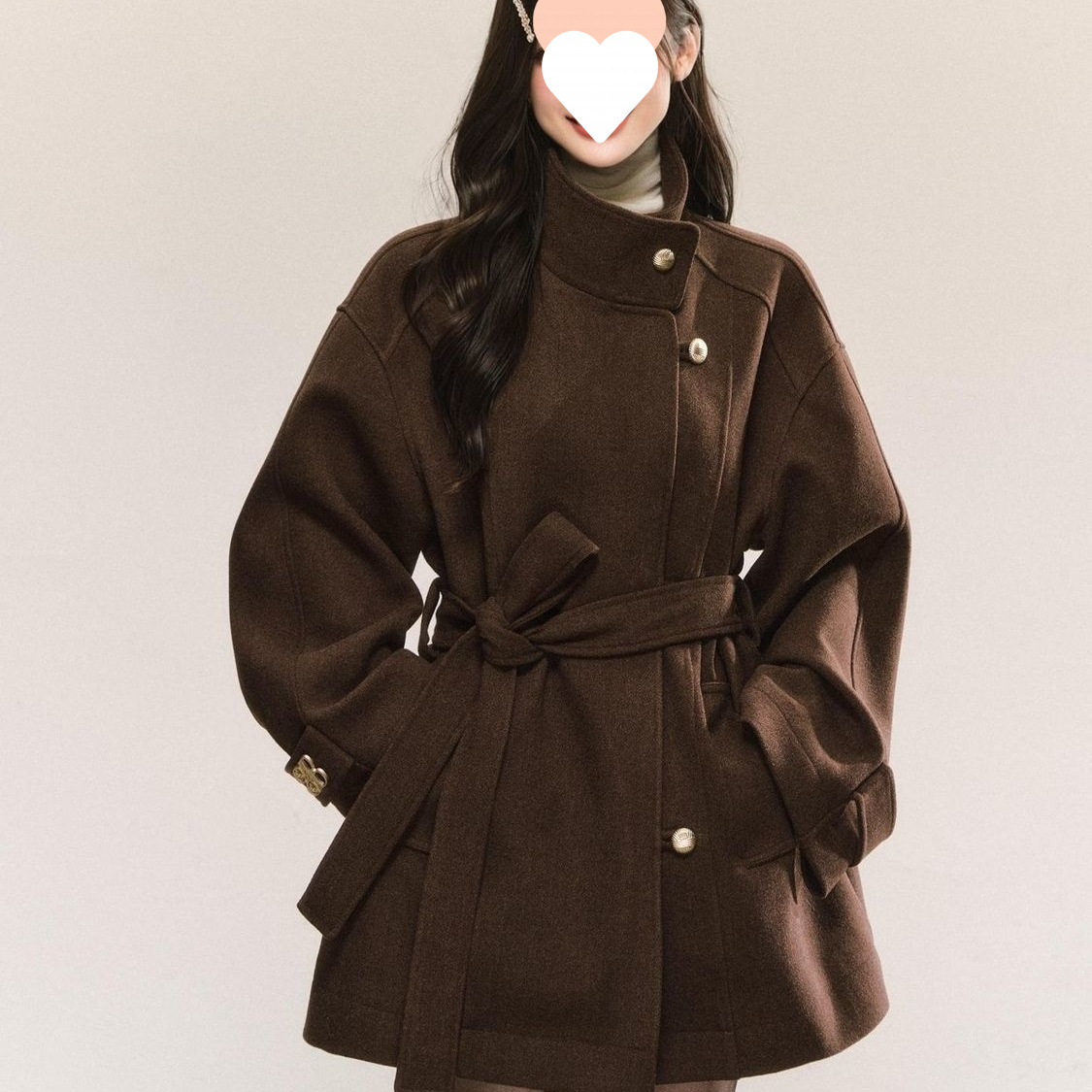 筱芹 秋冬棕色毛呢大衣女韩系气质复古立领感绑带长袖外套潮