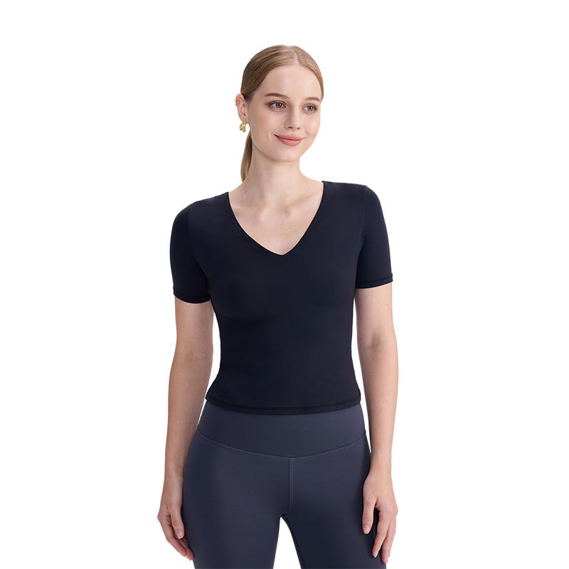 2025 otoño y invierno nuevo yoga de manga corta doble capa de cuello en V apertado delgado camiseta de nube suave alta elástica simple chaqueta deportiva
