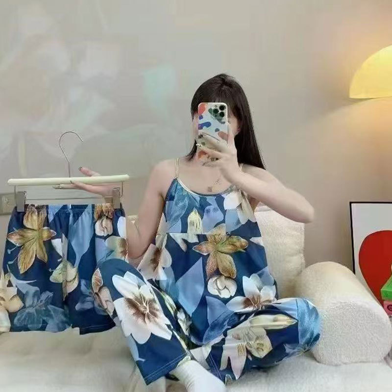 Southeast Asian Export Pantamas Factory Direct Sales Sexy Suspender Three-Piece Pajamas for Women Summer Cute Home Clothes