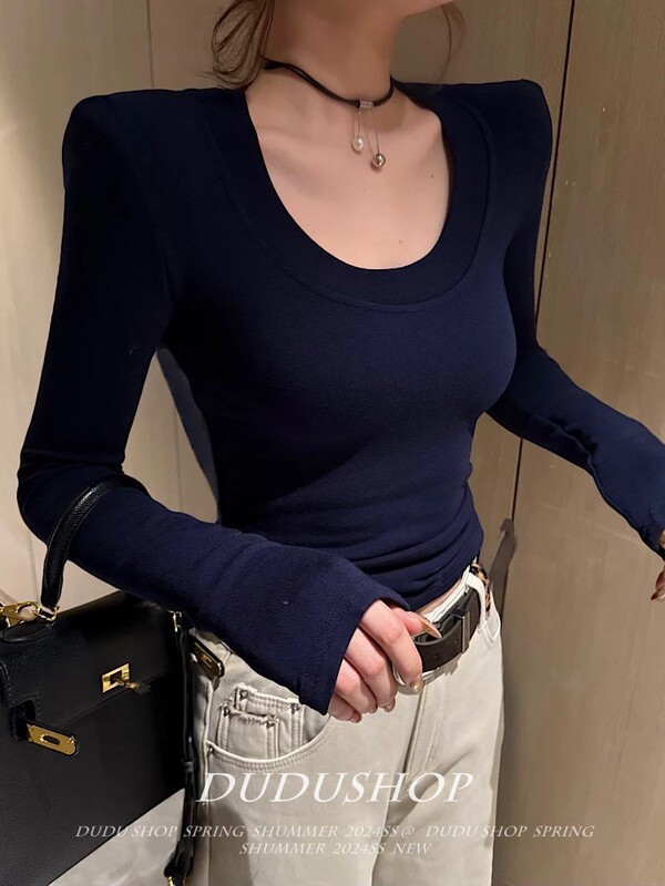 Uネック長袖起毛ベルベットTシャツボトリングシャツレディース2024肩パッドなしスリムフィットトップブラック|undefined