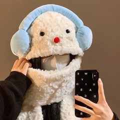 可爱雪人耳机毛绒帽子围巾一体女冬季保暖护耳防寒东北滑雪雷锋帽