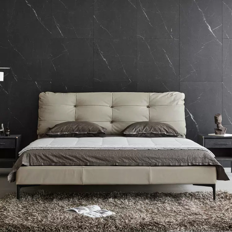 Cama de cuero de primera calidad estilo italiano minimalista, cama doble de cuero suave tipo nube para dormitorio principal con almacenamiento.