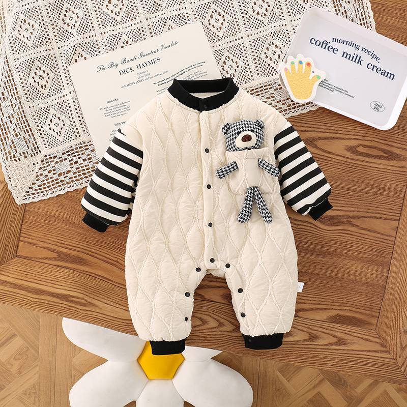 Baby romper baby autumn and winter clothes autumn and winter jumpsuit infant autumn and winter horizontal stripe bear quilted cotton romper