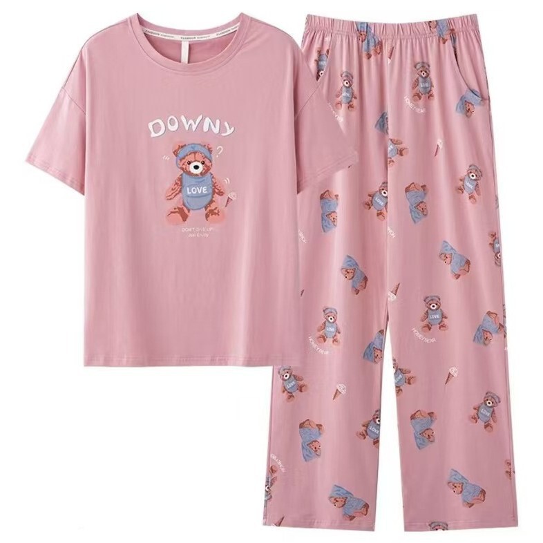 Summer Cool Cotton Pajamas Women's Short-Sleeved Comfortable Fashion Casual Loose Plaid Print Designer Round Neck Simple Suit