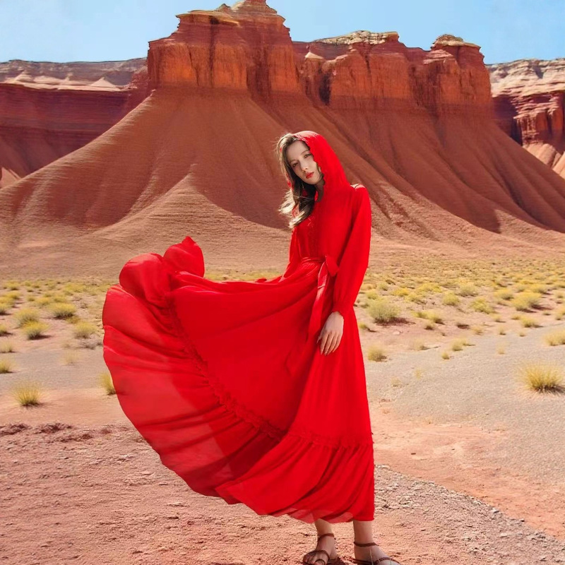Big Red Exotic Dress for Women Desert Photo Hooded Seaside Beach Dress Chaka Salt Lake Vacation Long Dress Big Red Exotic Dress for Women Desert Photo Hooded Seaside Beach Dress Chaka Salt Lake Vacation Long Dress