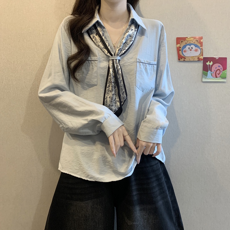 丝巾系带V领长袖衬衫女春秋新款大码胖mm显瘦气质高级感打底上衣|undefined