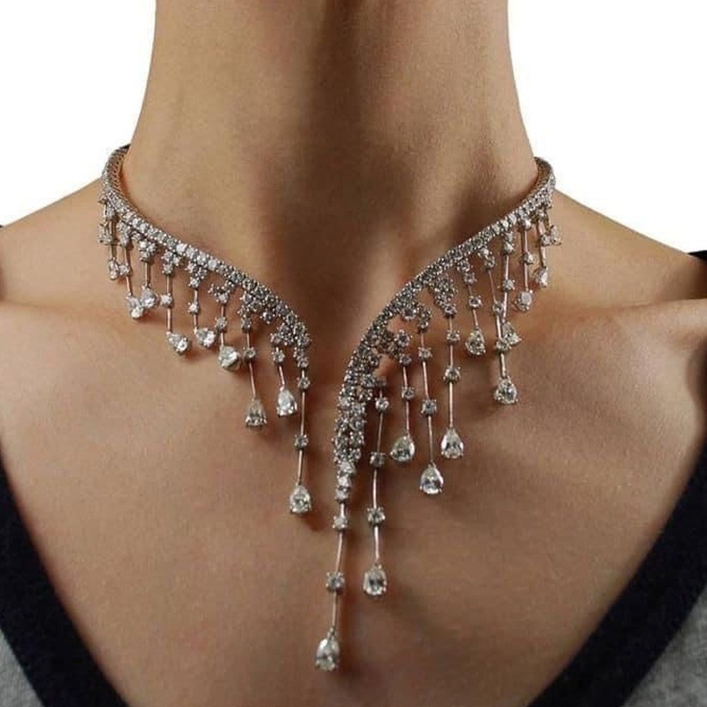 Cross-Border New Tassel Necklace Exaggerated Sparkling Rhinestone Necklace High-End Banquet Accessories Women's Necklace