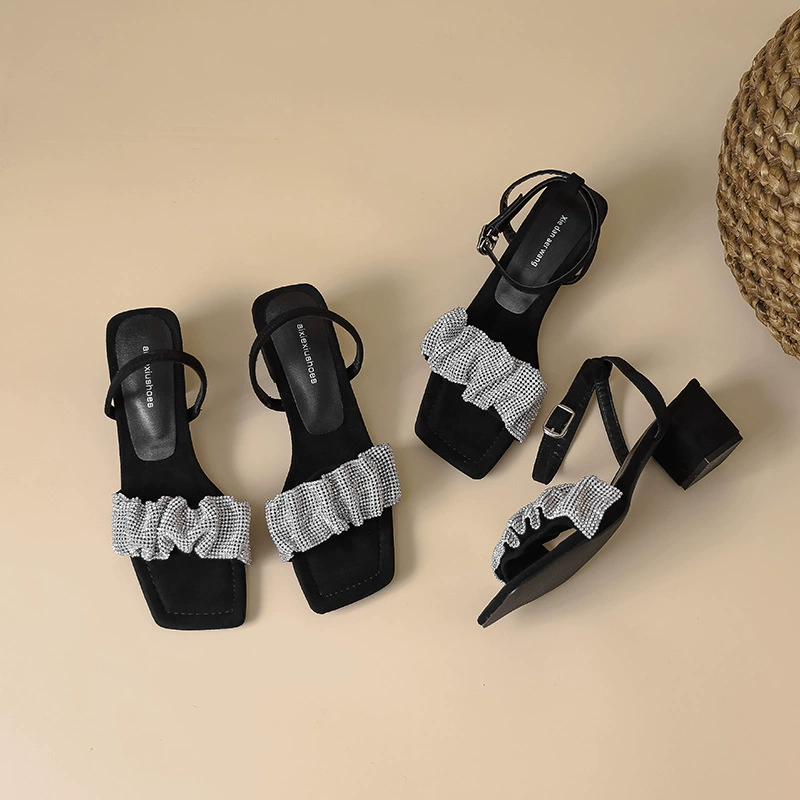 2025 новые летние босоножки на высоком каблуке с одной линией ремешков и стразами, женственные туфли с открытым носком в сказочном стиле, универсальные туфли на толстом каблуке на высоком каблуке