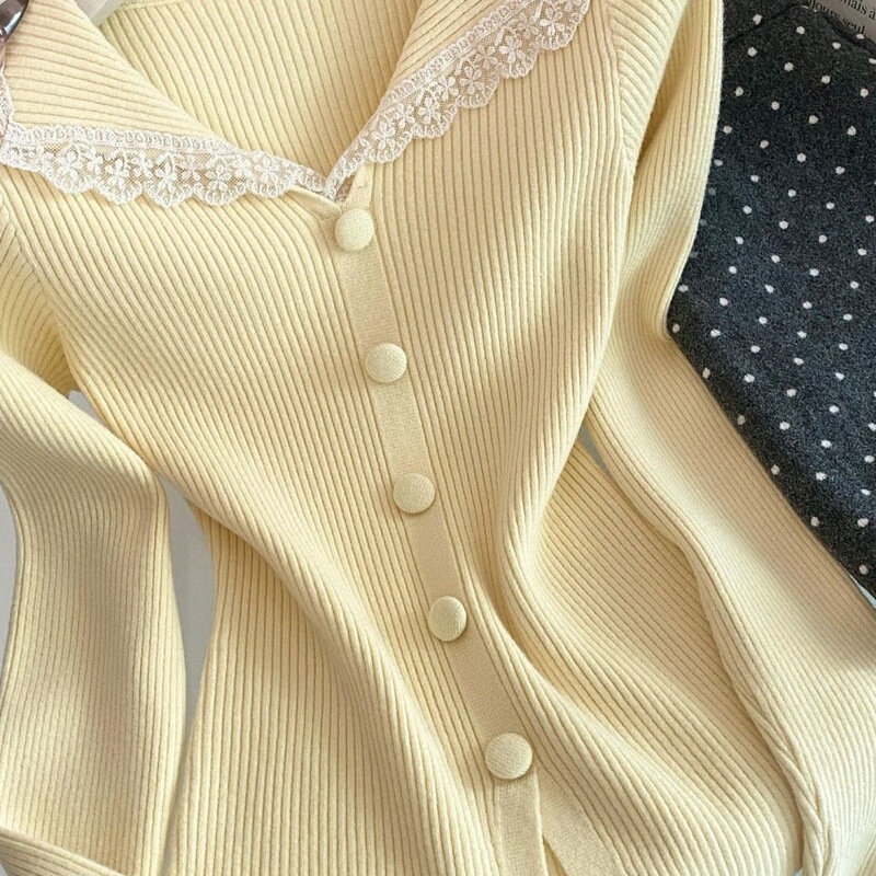 Knitted Sweater with Lace Long Sleeves, French Style, Autumn and Winter Temperament, Slim Fit, New Fragrant Style