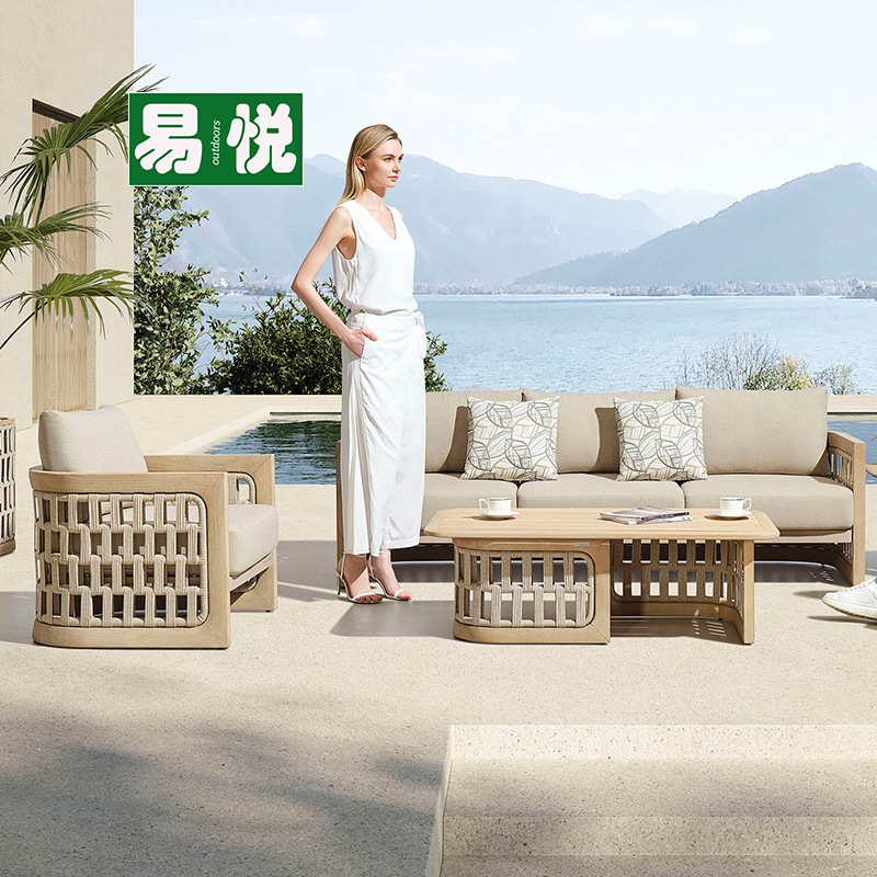 Sofá de cordón de patio nórdico combinación balcón villa al aire libre silla de caña jardín muebles de madera maciza al aire libre sofá de teca