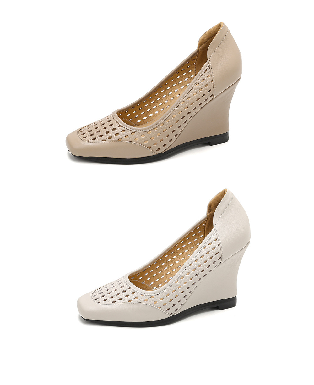 Giày sandal nữ da thật mũi vuông gót xuồng thấp, xỏ chân thoáng khí đi làm — màu trắng ngà, màu mơ chi tiết 22