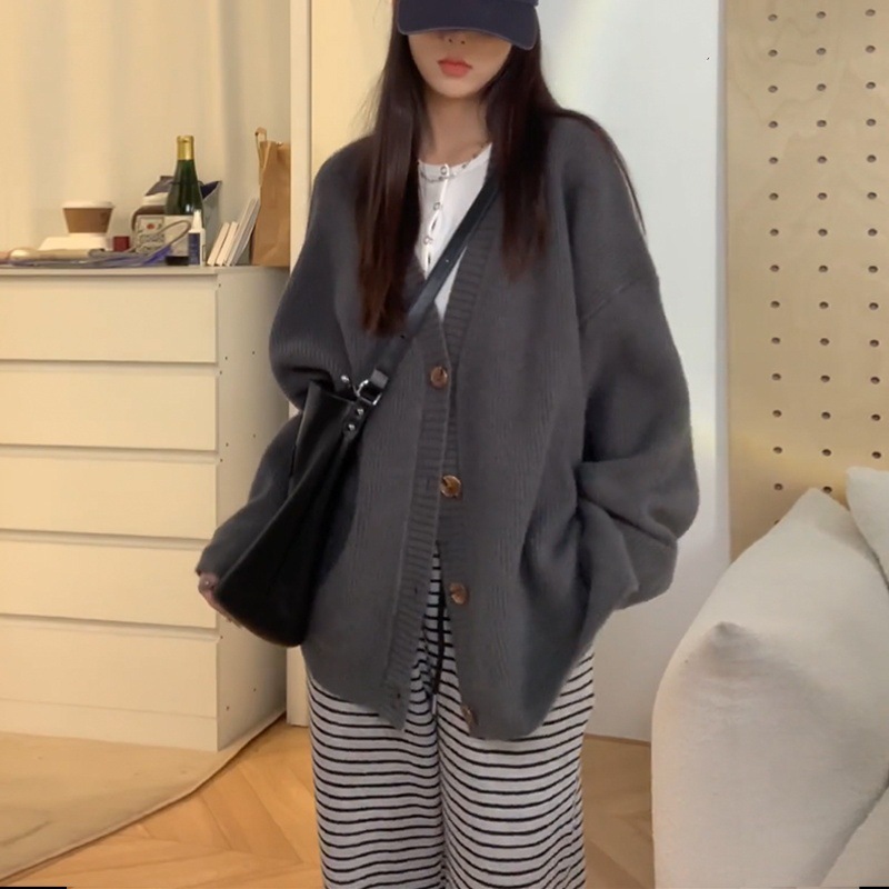 慵懒风单排扣针织开衫2025秋冬季新款宽松韩版针织毛衣外套上衣女|undefined