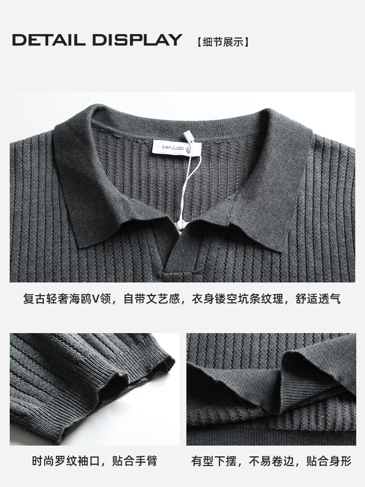 Europa y los Estados Unidos transfronterizos hombres de verano V-collar agujero hielo tejido polo camiseta alta sensación delgada con solapa transpirable mangas cortas