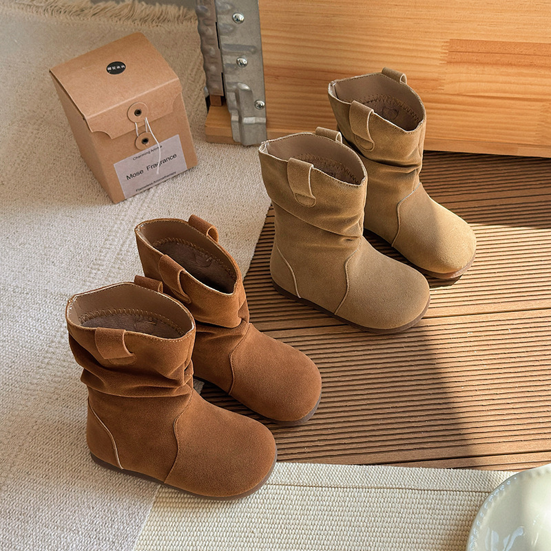 Korean Style Girls' Boken Boots 2025 Kidsren's Retro Lazy Style Pile Boots Versatile Retro Boots Fashionable Round Toe Short Boots