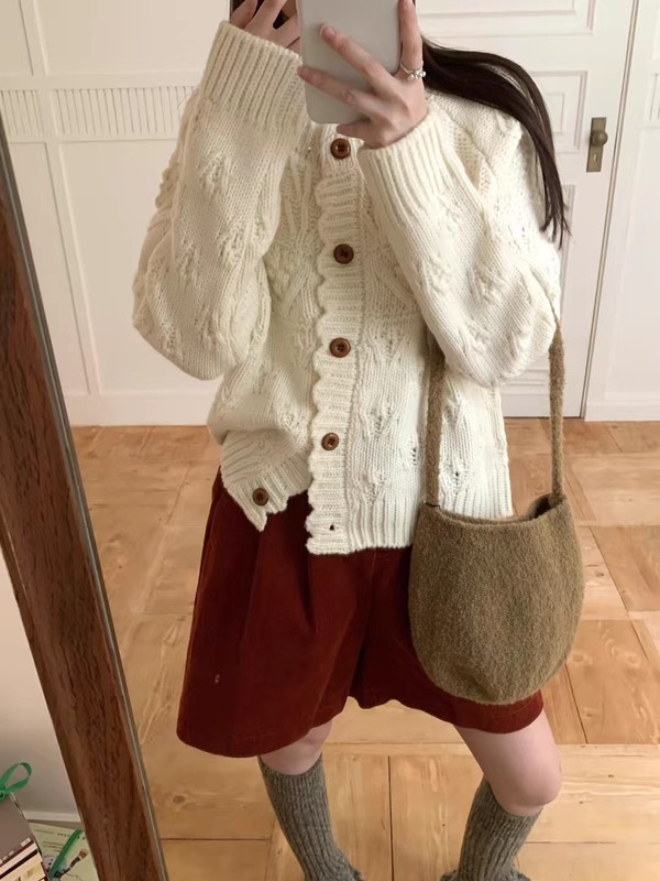 蓝色花边钩花纹针织开衫外套女秋冬新款宽松韩系慵懒毛衣长袖上衣|undefined