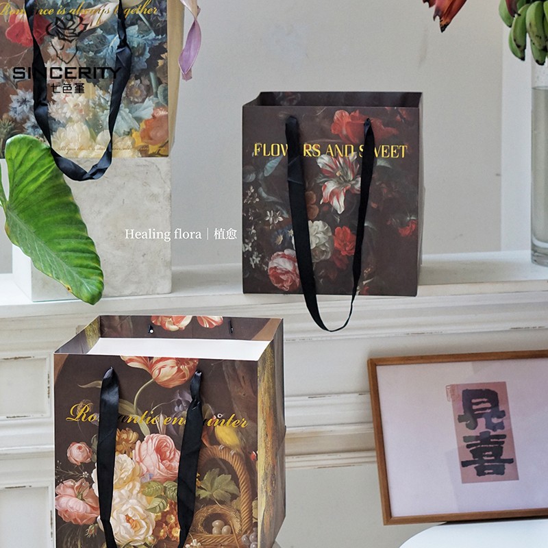 Siete colores Pansy dorado pintura al óleo Estilo Vintage bolso arreglo floral mano llevar bolsa de embalaje de flores regalo bolsa de embalaje de regalo