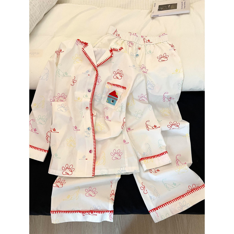 卡通可爱狗爪印花睡衣女秋季新款大码长袖翻领可外穿家居服套装潮|undefined
