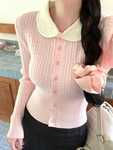 粉色娃娃领麻花长袖针织衫女早秋修身短款软糯超好看甜美打底上衣