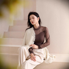 秋冬新款半高领蕾丝螺纹打底衫长袖网纱t恤女装百搭内搭上衣爆款