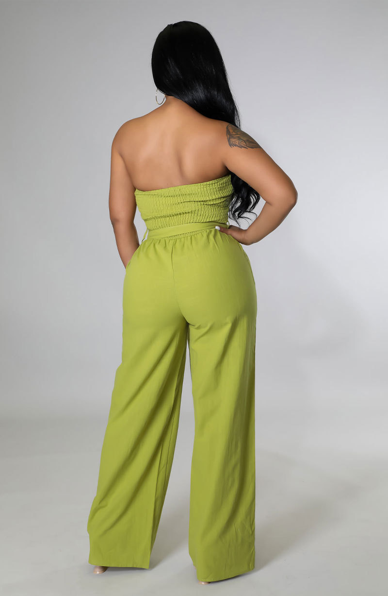 solid color tube top with waist belt wide leg jumpsuit NSXHX127471