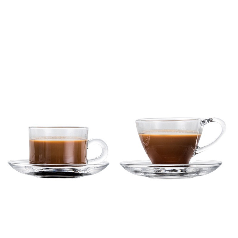 Juego de taza y platillo de café de cristal estilo europeo, transparente, creativo, de alta calidad, con asa, taza de té, taza de agua, taza de leche grabada, diseño simple.