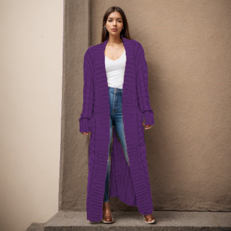 Damen-Strickjacke mit langen Ärmeln, einfarbig, langer Pullover, dicker Mantel_voghion.com