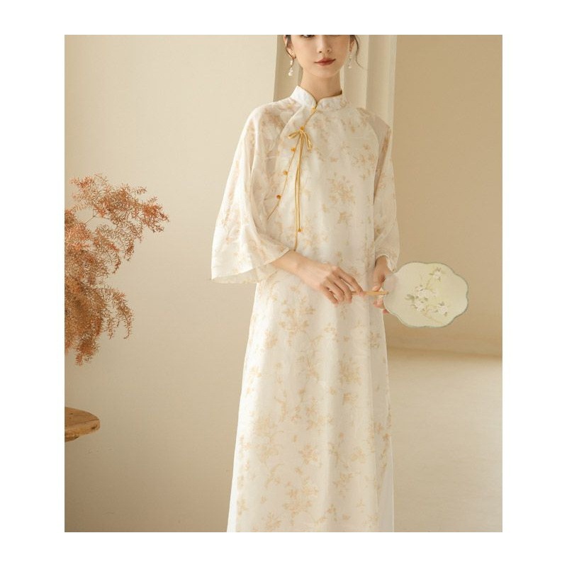 2024 Summer new gentle retro artistic new Chinese modified stand collar loose slimming Zen cheongsam dress