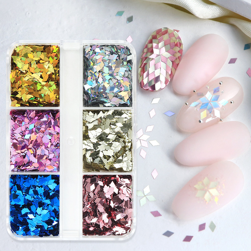 6-Compartment Pack of Rhombus-Shaped Snowflake Nail Art Glitter Decorations, Japanese and Korean Style Laser Nail Glitter Accessories Wholesale