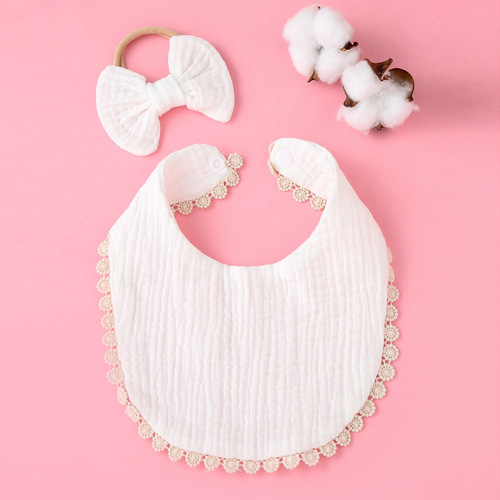Baby saliva towel headband set Children's baby pure cotton gauze lace bib bib saliva bag combination