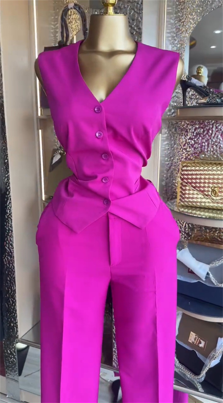 Women's V-neck Button-down Vest And Wide-leg Trouser Suit Set_voghion.com