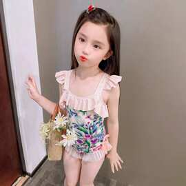 2024女童小清新夏季泳衣花边吊带儿童女宝宝比基尼泳装碎花速干