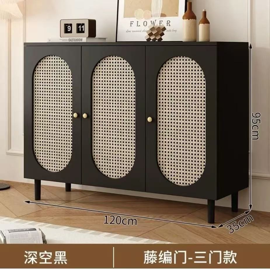 Black Rattan Shoe Cabinet Home Entrance Cabinet Wabi-Sabi Style Retro Shoe Rack Modern Simple Glass Shoe Cabinet