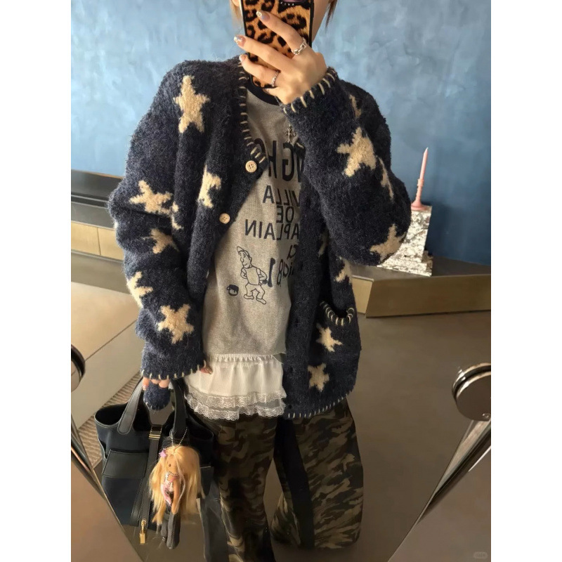 YS日韩休闲毛衣外套女秋冬新款翻领星星设计感慵懒风针织开衫上衣|undefined
